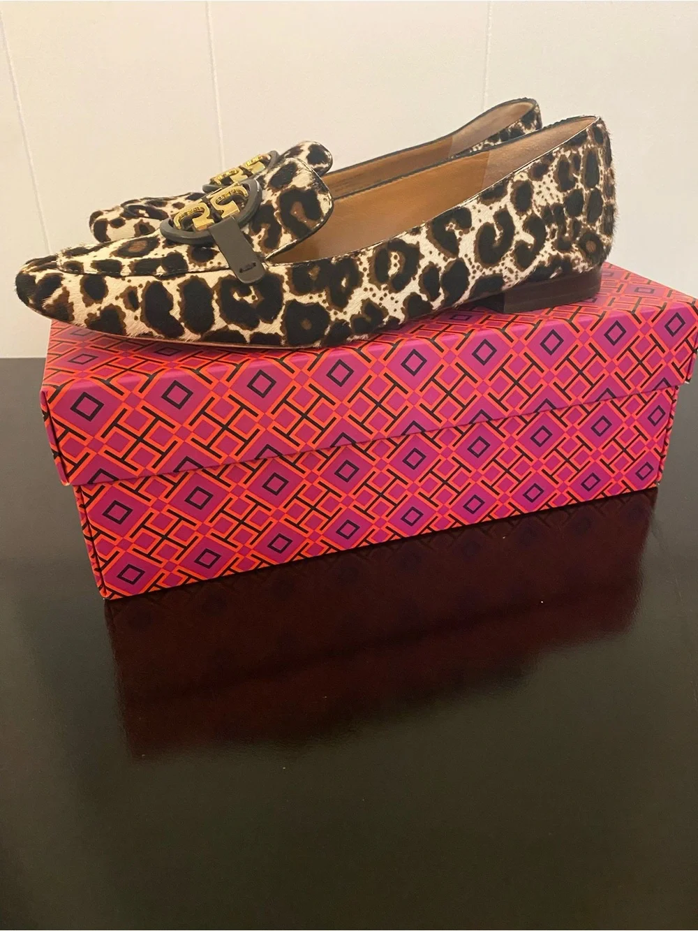Tory Burch Metal Miller Loafer Printed Baby Haircalf Cream Leopard / Gold Sz 10
